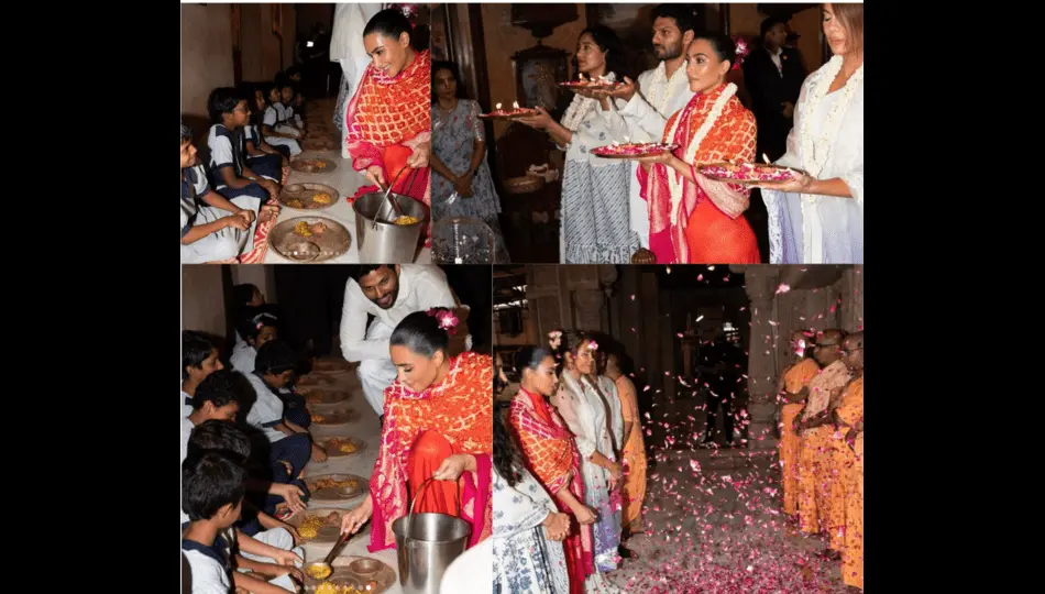 Reality TV stars Kim and Khloe Kardashian serve food to children at Iskcon temple in Mumbai, during their visit to India